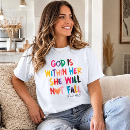 Sulayesh Christian Shirts for Women Jesus God is Within Her Tshirt Faith Inspirational Bible Verse Religious Graphic Tee Tops - color: White, size: X-Large