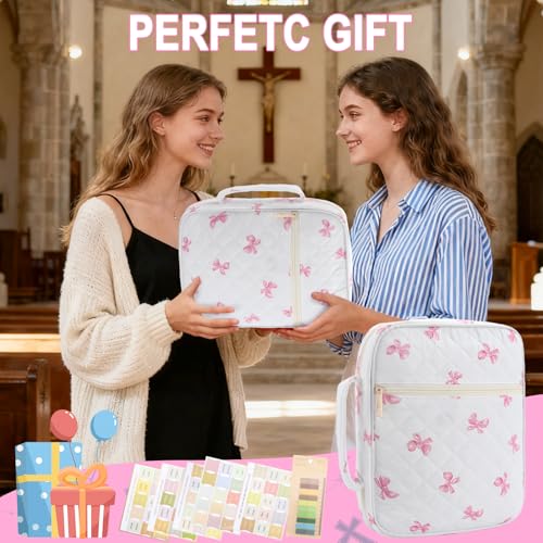 Zkptops Bible Cover Case for Women Girls Large Bible Bag Cotton Quilted Bible Carrying Case with Zipper Pocket and Handle Pink Bow Christian Carrying Book Cover for Christian Study Supplies Gift - color: Fr Pink Bow