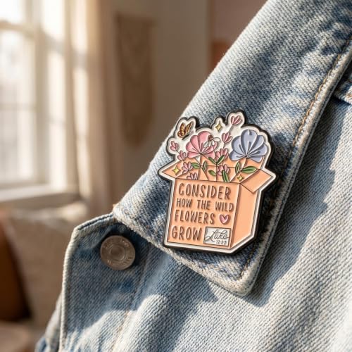 MemeChic 4PCS Inspirational Flower Enamel Pins Set，Christian Faith Bible Verse Luke 12:27 Religious Brooch, Encouragement Gifts for Women Men, Mental Health Positive Affirmation Lapel Pins for Jacket Backpack