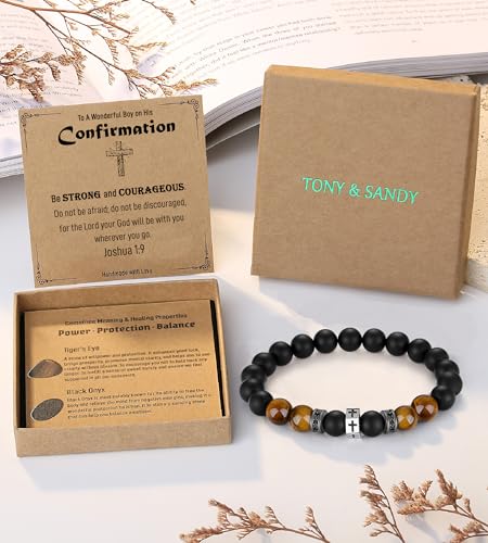 TONY & SANDY Christian Gift for Him Christmas Kids Teen Boys Adults Men Cross Bracelet Son Grandson Birthday Graduation Easter Religious Gifts for Men - style: Confirmation (7 inches)