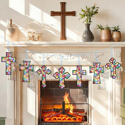 KOPOOEOE 36 Pcs Religious Cross Suncatchers Craft DIY Religious Cross Tissue Paper Arts Crafts for VBS Christian Home Sunday School Classroom Easter Spring Window Art Party Favor Decor
