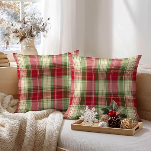 HOMETITUTE Set of 2 Christmas Plaid Throw Pillow Covers 18x18 Inch - color: Christmas Throw Pillow Covers #01