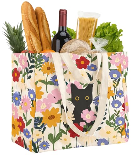 Miss Adola Extra Large Canvas Grocery Tote Bag - color: Cat Flowers