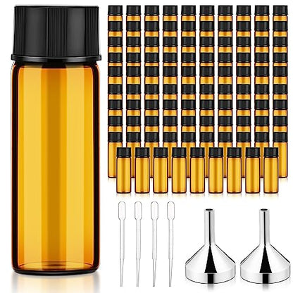 Tanlade 100 Pcs 5ml (1/6 Oz) Small Glass Bottles Essential Oil Bottle with Plastic Screw Caps and Funnel Plastic Pipettes Empty Refillable Sample Bottles for Liquid Preservation Storage(Amber)