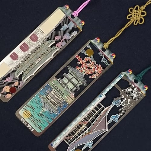 Korean Palace Gold Bookmarks - Gyeongbokgung 3-Piece Set with Traditional Tassels - Korean Souvenir New Year & Chuseok Gifts