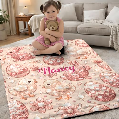 KiKiLuna Personalized Easter Bunny Flannel Throw Blanket, 10 Cartoon Designs, Custom Name Cute Spring Egg Pattern Cozy Gift for Kids Girls - color: Design 11