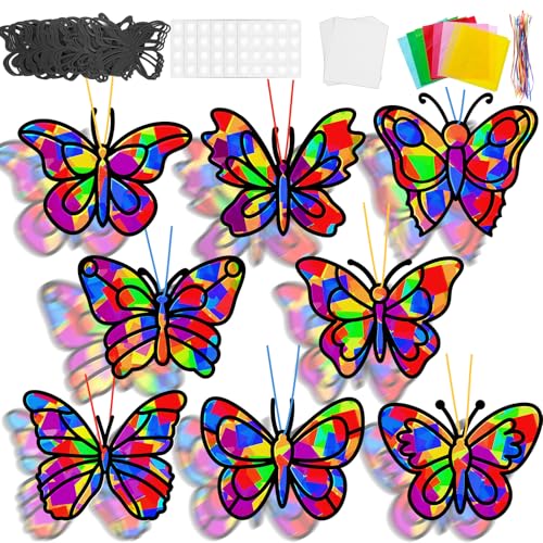 Lonfliness 32 Sets Butterfly Suncatcher Craft Kit DIY VBS Window Stain Glass Effect Paper Butterfly Sunday School Classroom Decors Spring Easter Art Craft Creative Activity Project Kid Gift Favor - style: Butterfly