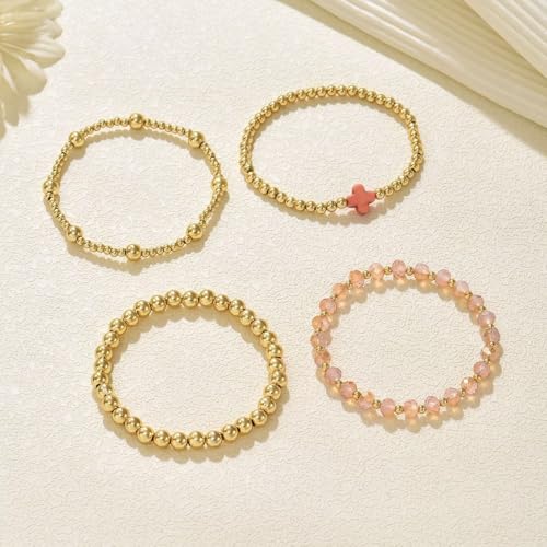 Colorful Cross Charm Bracelets for Women Men Adjustable Gold Plated Beaded Bracelet Boho Bead Ball Stretch Bracelet Birthday Summer Beach Jewelry - color: Pink B