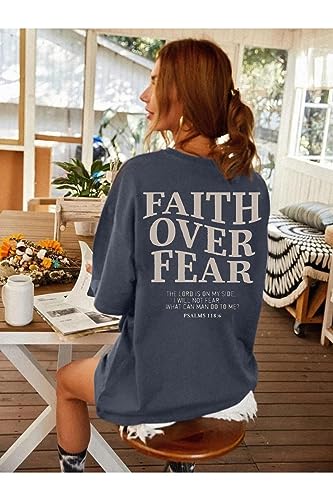 BANGELY Faith Over Fear Shirt Women Graphic Shirts Oversized Workout Gym Christian Religious Tees Drop Shoulder Tee Tops - color: Grey, size: Medium