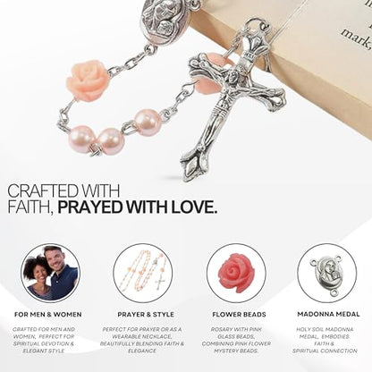 Nazareth Store Pink Pearl Catholic Rosary Necklace with 6mm Beads Rose Markers Madonna Holy Soil Medal Silver-Plated Crucifix 20 Inch