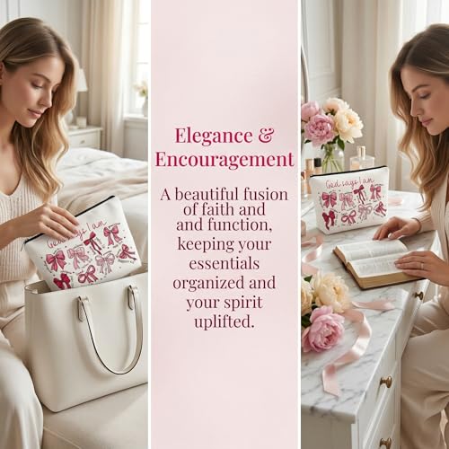 1 Pcs bow makeup bag inscribed with God Says I Am... and Bible verses a faith filled Christian inspirational gift for women 9.84x6.93x2.36 (Bow A) - color: Bow A
