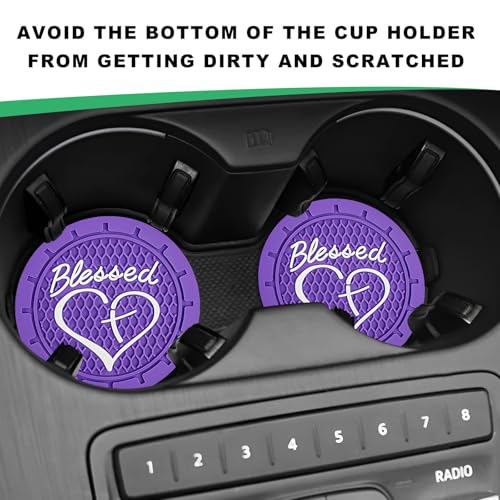 2 PCS Car Cup Holder Coaster, 2.76 Inch Non-Slip Auto Drink Mats with Blessed Cross and Heart, Shockproof Christian Cup Insert Coaster for Most Vehicles, Car Accessories (Dark Purple) - color: Dark Purple