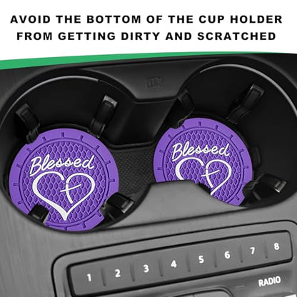 2 PCS Car Cup Holder Coaster, 2.76 Inch Non-Slip Auto Drink Mats with Blessed Cross and Heart, Shockproof Christian Cup Insert Coaster for Most Vehicles, Car Accessories (Dark Purple) - color: Dark Purple