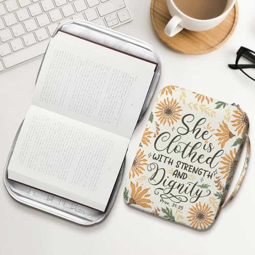 Sunflower Bible Cover for Women with Handle and Zipper, Scripture Verse Proverbs 31 25, Canvas Bible Case, Fits Standard Size Bible, Christian Gift for Mom Girls Bible Study Church Use - color: Faith-Based Lifestyle 38