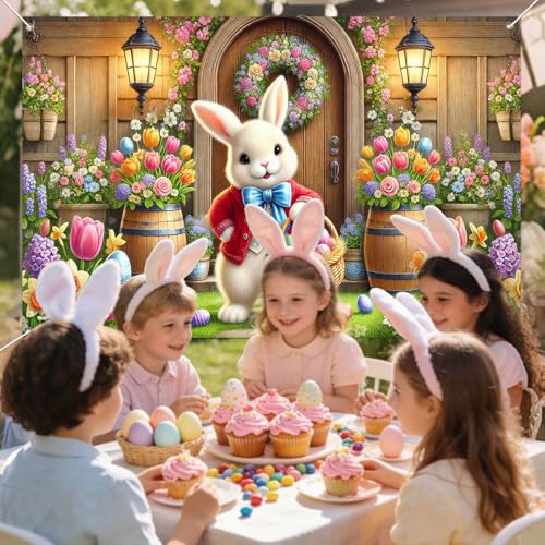 IVN Easter Bunny Banner 71x43 Inch Spring Egg Basket Flowers Front Door - color: Easter Bunny Front Door Spring Floral