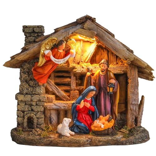 MUMTOP Nativity Set with Manger, Resin Nativity Set Figurine with LED Lights and Music, Holy Family and Angel Statue with Manger for Tabletop Holiday Home Chapel Christmas Decorations - style: Nativity Scene with Light and Music_A