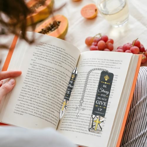 Christian Bookmark Gift Set, Metal Book Mark and Pen for Bible Reading - style: Religious Dark Teal