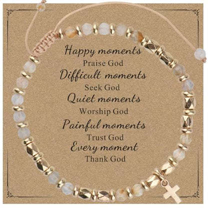Christian Gifts for Women, Natural stone Bracelet, Religious Gift for Woman, Christian Gifts, Inspirational Gift for Women, Golden Cross Bracelet - color: White+Gold