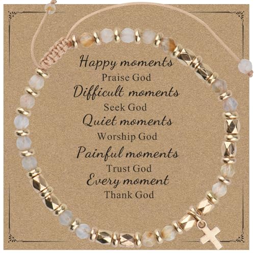 Christian Gifts for Women, Natural stone Bracelet, Religious Gift for Woman, Christian Gifts, Inspirational Gift for Women, Golden Cross Bracelet - color: White+Gold