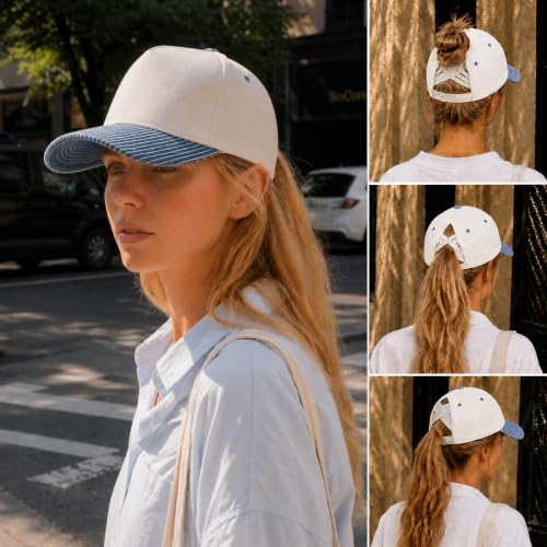 C.C Women's Criss-Cross Ponytail Trucker Hat - Snapback, One Size - color: Pinstripe-denim1