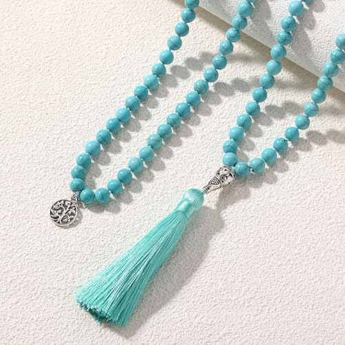 INBLUE 108 Mala Prayer Beads Wrap Necklace with Long Tassel Boho Necklace for Women Amazonite Bead Bracelet with Spiritual Tree of Life Pendant 108 Beads Necklace for Meditation - color: Natural Turquoise