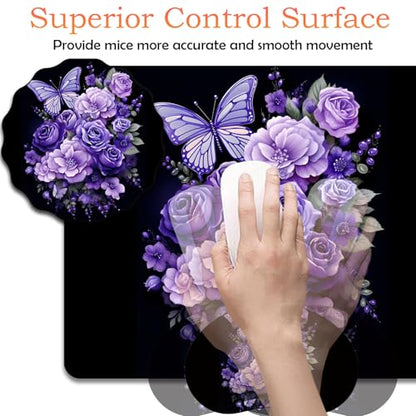 Mouse Pad 9.4"x7.9" + Wrist Support Pad + Embroidered Cup Pad Non-Slip Set, Ergonomic Mouse Wrist Support Pad, Suitable for Office/Gaming/Home Use, Butterfly and Purple Flowers - color: Butterfly and Purple Flowers