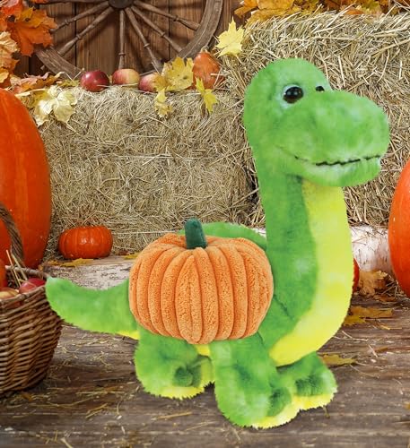 DolliBu Super Soft Green Dinosaur Stuffed Animal with Pumpkin Plush Decor - Dinosaur Pumpkin Plush Animal for Fall, Halloween and Thanksgiving, Pumpkin Plush Toy for Baby, Kids, Adults - 10 Inches