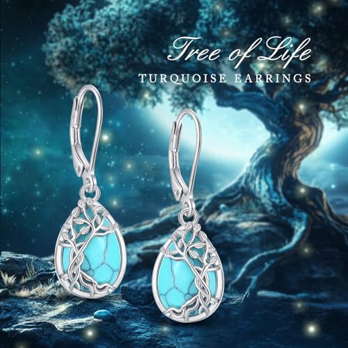 Vito Moonstone Turquoise Drop Earrings for Women, 925 Sterling Silver Hooks - style: Tree of Life-Turquoise
