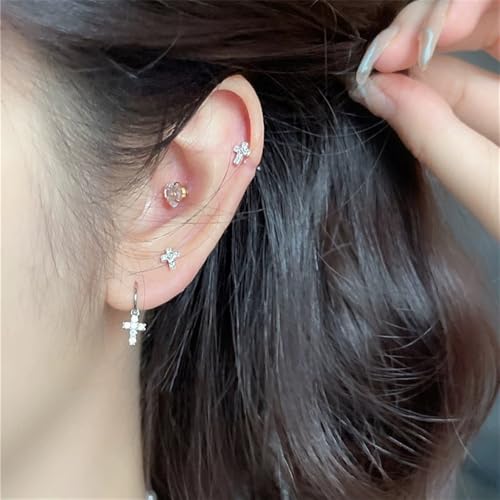 16g Tiny Cross Hypoallergenic 925 Sterling Silver Stud Earrings for Women With Flat Screw Back Small Cubic Zirconia Cartilage Pierced Earrings for Tragus Helix Conch Cartilage Jewelry Gifts - color: Silver