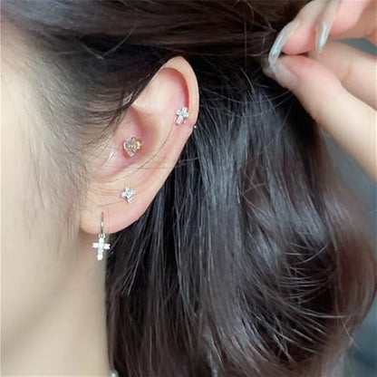16g Tiny Cross Hypoallergenic 925 Sterling Silver Stud Earrings for Women With Flat Screw Back Small Cubic Zirconia Cartilage Pierced Earrings for Tragus Helix Conch Cartilage Jewelry Gifts - color: Silver