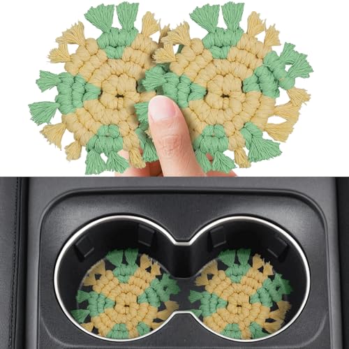 Cotton Car Coasters for Cup Holders, 2 Pack Car Cup Coasters, Drink Coaster Holder Cute Boho Macrame Cupholder Coaster Accessories for Women-3 inch(Yellow Green) - color: Yellow Green