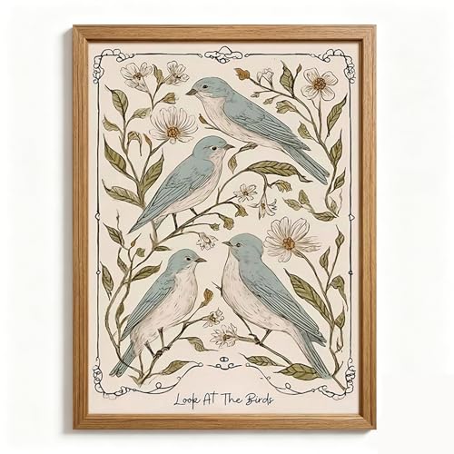 Vintage Bird Wall Art Christian Bible Verse Canvas Wall Decor Floral Bird Picture Cottagecore Botanical Poster Scripture Religious Prints Rustic Folk Artwork for Living Room Bedroom 16x24 Inch Framed - color: Four Bluebird Prints, size: 24"L x 16"W