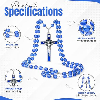 SANCTUM VERITAS Catholic Rosary Necklace | Large Bead Italian Rosary, Christian Prayer Beads for Car Mirror Decor, First Communion Religious Gift for Men and Women, Catholic Keepsake(Blue Crystal) - style: Blue Crystal