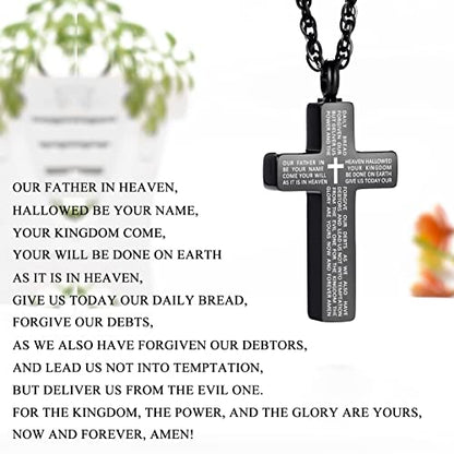 Cremation Cross Necklace for Ashes Stainless Steel Cross Urn Pendant Ashes Holder Memorial Jewelry-With Me Always - style: Lord's Prayer-Black2