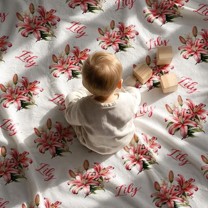 Personalized Floral Name Blanket, Custom Floral Name Design Lily, Soft Nursery Throw, Newborn Birthday Baptism Christening Keepsake - color: #Ver3