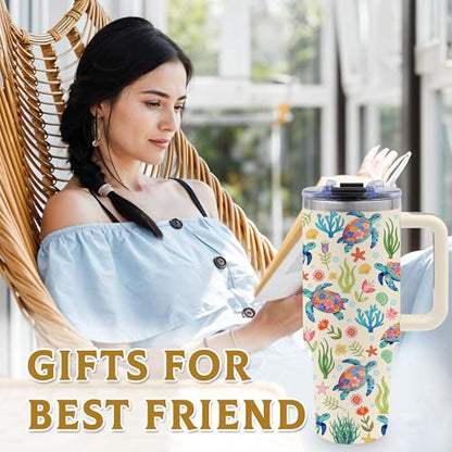 40oz Sea Turtle Tumbler Gifts for Turtle Lover, Cute Ocean Animal Water Bottle - color: SeaTurtle-White