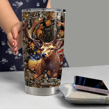 SANDJEST Deer Tumbler 20oz Stainless Steel Insulated Tumblers Coffee Travel Mug Cup Gifts for Men Gift for Birthday Christmas - color: Hunting