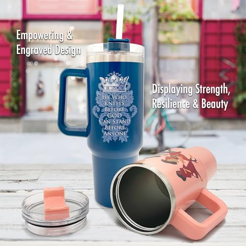 40oz Christian Tumbler for Men with Handle, Straw & Leak-Proof Lid – Insulated Stainless Steel Travel Mug with Bible Verses & Inspirational Quotes – Faith-Based Gift for Him – He Who Kneels - color: He Who Kneels