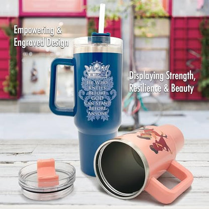 40oz Christian Tumbler for Men with Handle, Straw & Leak-Proof Lid – Insulated Stainless Steel Travel Mug with Bible Verses & Inspirational Quotes – Faith-Based Gift for Him – He Who Kneels - color: He Who Kneels