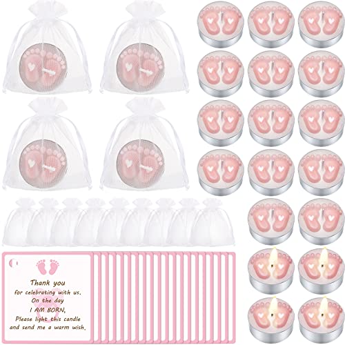 Treela 20 Sets Baby Shower Favor Pink Tea Light Candles Organza Bag Cards - color: Pink