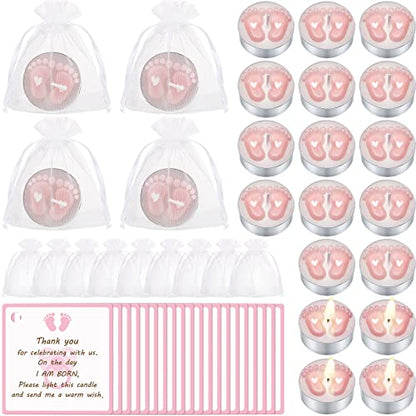 Treela 20 Sets Baby Shower Favor Pink Tea Light Candles Organza Bag Cards - color: Pink