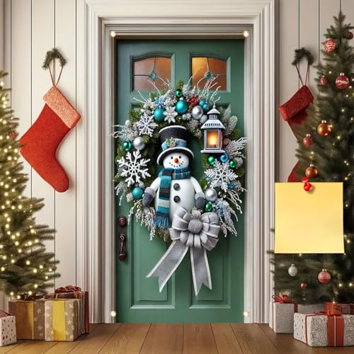 Christmas Door Cover Banner Snowman with Lantern Design 71x35 Inch Holiday Door Sign for Front Door Silver Bow Snowflake Door Cover for Winter Xmas Party Home Outdoor Decor - color: Christmas Snowman Decor