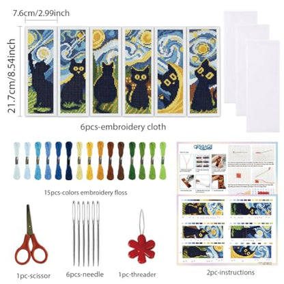 ORIGACH 6 Set Black Cat & Starry Night Cross Stitch Bookmark Kit - style: Black Cat & Starry Night