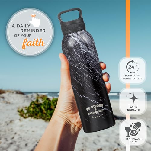 Christian Art Gifts Stainless Steel Strong & Courageous Insulated Water Bottle - color: Black Marble/Swirl - Strong & Courageous
