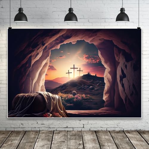 Easter Jesus Christ Cross Backdrop He is Risen Resurrection of Jesus Shroud Crucifixion Mountain Decorations Background Sepulcher Sunset Religious Belief Studio Props 5x3ft - size: 5x3ft(150x90cm)