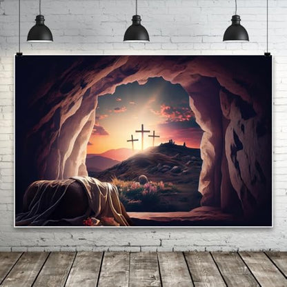 Easter Jesus Christ Cross Backdrop He is Risen Resurrection of Jesus Shroud Crucifixion Mountain Decorations Background Sepulcher Sunset Religious Belief Studio Props 5x3ft - size: 5x3ft(150x90cm)