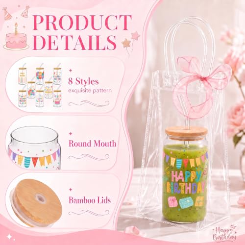 Iced Coffee Mugs, 8 Sets, Glass, 16 oz, Reusable, Birthday Party - color: Happy Birthday