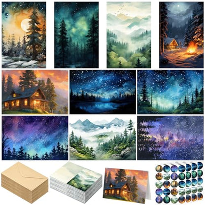 Motiskyy 50 Pcs Blank Greeting Cards 4x6, Blank Cards with Envelopes, 10 Designs, Ideal Stationary Set for All Occasions, Stationary with Matching White Envelope and Sticker(Watercolor Illustration) - style: Watercolor Illustration