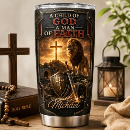 Personalized Christian Gifts For Men - Warrior Christ Man Of Faith A Child Of God Tumbler V4 - Bible Faith Religious For Dad, Husband, Grandpa on Fathers Day, Christmas, Birthday - color: CH-VAR-04