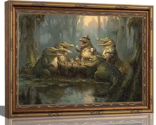 Alligator Playing Poker Wall Art,Vintage Gold Framed Animal Print 9x11in - color: Alligator, size: 11"L x 9"W